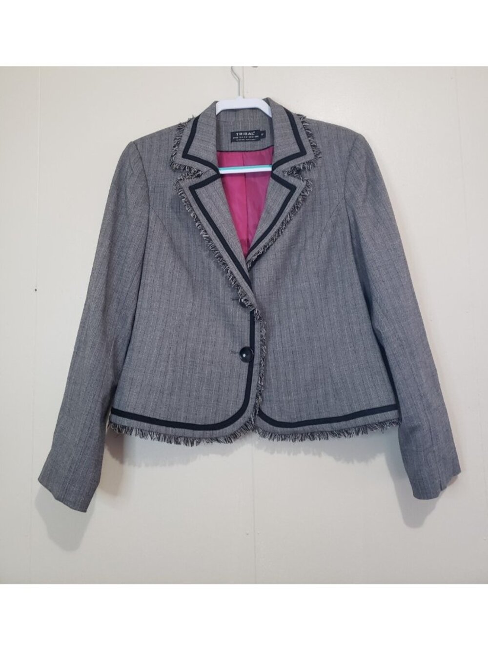 Tribal Womens 12 Blazer Fringe Hem Chic Gray Pinstripe Wool Blend Office Career